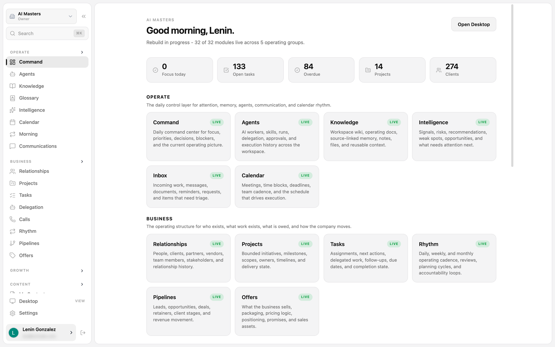 AI Operating System command center — every module live in one place