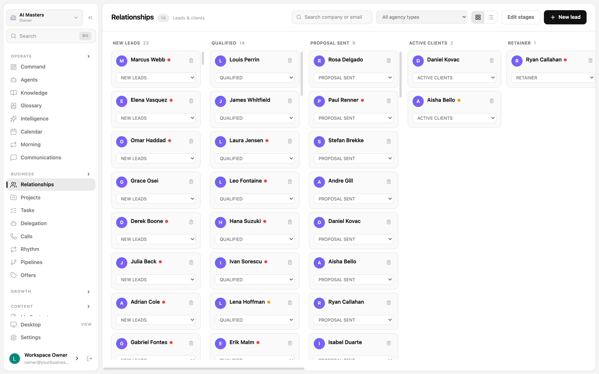 AI Operating System CRM — clients and members organized by stage